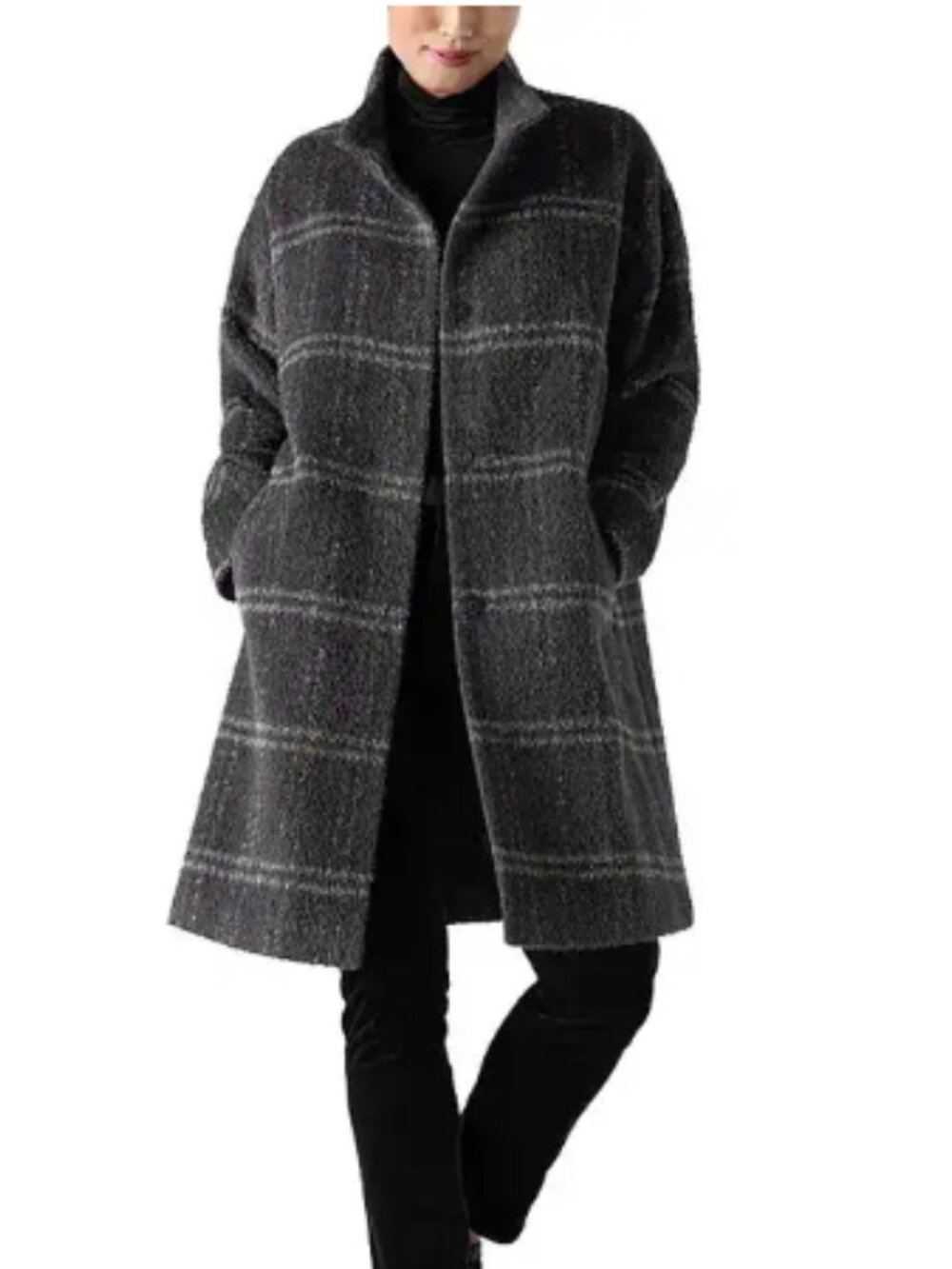 Eileen Fisher High Collar Snap Front Alpaca Blend Plaid Coat size 1X NWT